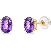 Gem Stone King 14K Yellow Gold Purple Amethyst Stud Basket Setting Earrings For Women Men (1.50 Cttw, Gemstone February Birthstone, Oval Checkerboard 7X5MM)