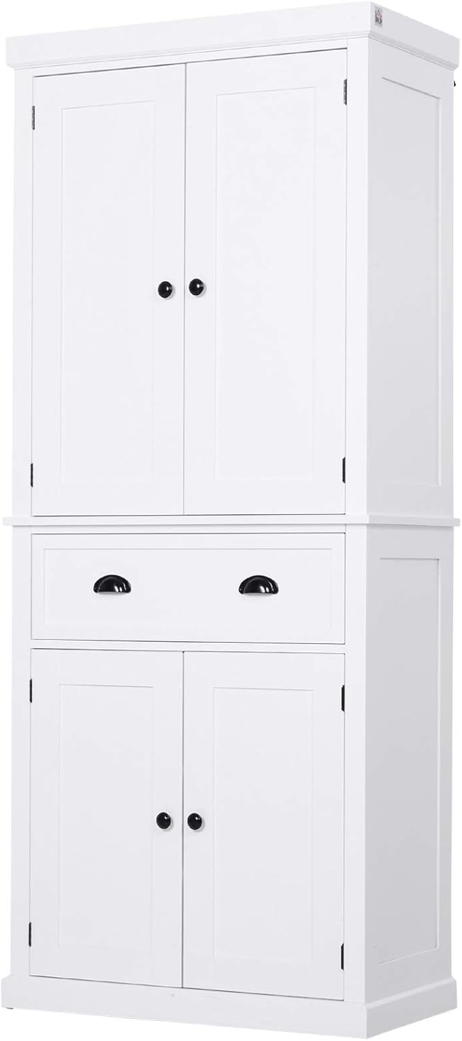 HOMCOM 72" Traditional Freestanding Kitchen Cupboard Pantry Cabinet with Elegant Colonial Design, Antique Hardware, White: Furniture & Decor