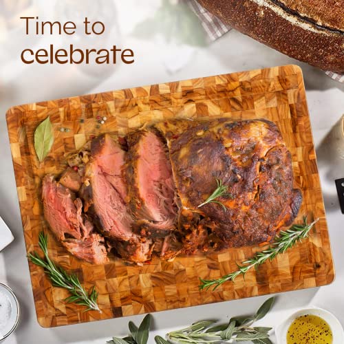 YES4ALL MEDIUM END GRAIN TEAK CUTTING BOARD FOR KITCHEN, 17”L X 13”W X 1.5” THICK, DURABLE WOOD WITH JUICE GROOVES, PRE-OILED, EASY GRIP HANDLES, ESSENTIAL KITCHEN UTENSILS SET