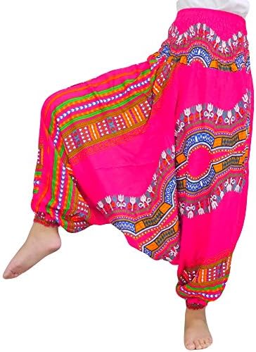 Loong Cha's Unisex 2 Type Harem Jumpsuit pants,Fine Art Print Smocked Waist &amp; Jump leg Version : I (Jungo Pink)