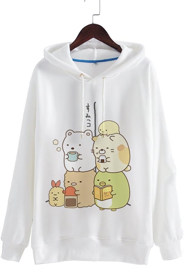 Kawaii Cute White Bears Penguins Cat Comic Printed Long Sleeve Hooded Sweatshirt Fleece Polyester Hoodies Tops for Women Girls