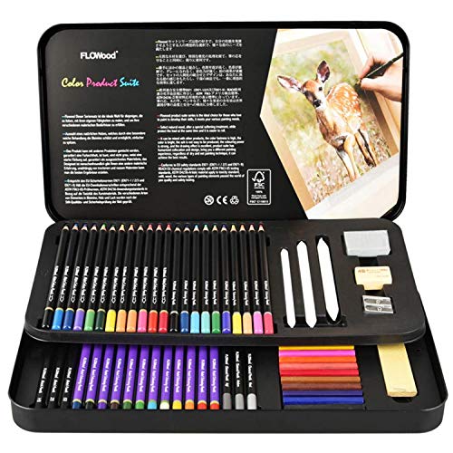Flowood 63 Piece Art Supply Colored Pencils Set, Soft Core Watercolor Pencils for Art Kit for Kids, Teens and Adults with Pastel Pencils,Sketch Pencils,Pastels Sticks,Charcoal Pencils