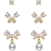 3 Pairs 14K Gold Plated Butterfly Stud Earrings for Women - Cubic Zirconia Bow Design, Hypoallergenic Fashion Jewelry Gift