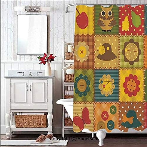 Soft,Non Toxic,Eco-Friendly,No Chemical Odor Shower Curtain Bath Curtain 71x71in Cute Nature Themed Figures Owl Ladybug Flower Hat Butterfly Patchwork ImageMulticolor Decorative Design Plastic C-rin