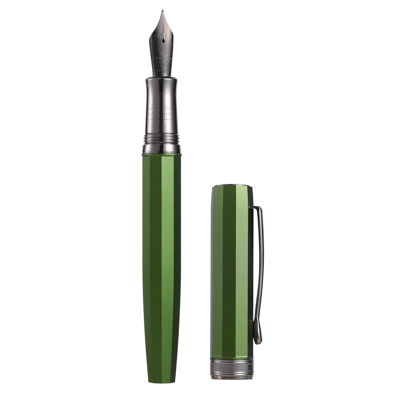 HONG DIAN Hongdian N11 Fountain Pen, Titanium-Coated Black Fine Soft Nib, Grass Green & Octagonal Geometric Design with Metal Case Set