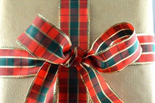 BEST Red and Green tartan ribbon with gold edge 40mm wide x 1Mtr cut from roll -