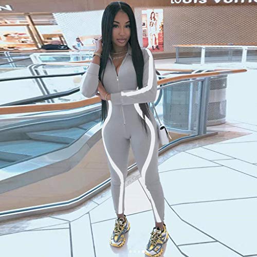 iYBUIA Women Yoga Fitness Motion Workout Reflective Patchwork Long Sleeve Tight Jumpsuit Zipper Slim S-L Gray - Thumbnail 5