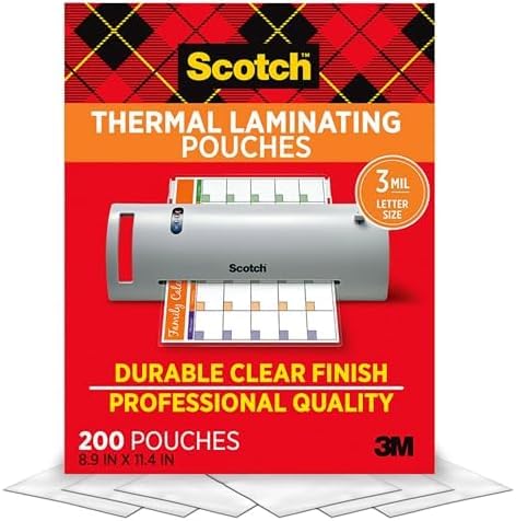 Scotch Thermal Laminating Pouches, 200 Count, Clear, 3 mil., Ideal Office or School Supplies, Fits Letter Sized Paper (8.9 in. × 11.4 in.) (Pack of 6) Image