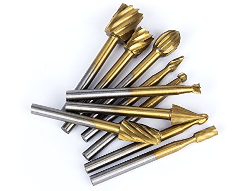 Tonsiki 10pcs Titanium-Coated Rotary Burr Set with 1/8" Shank for DIY Woodworking, Carving, Engraving, Drilling