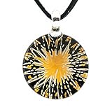 Hand Blown Venetian Murano Glass Black Yellow Daisy Flower Round Pendant Necklace, 18-20''