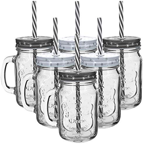 My-goodbuy24 Trinkbecher Trinkgläser - 6er Set - Flamingo Rosa Desgin mit Deckel und MEHRWEG - Strohhalm ist…