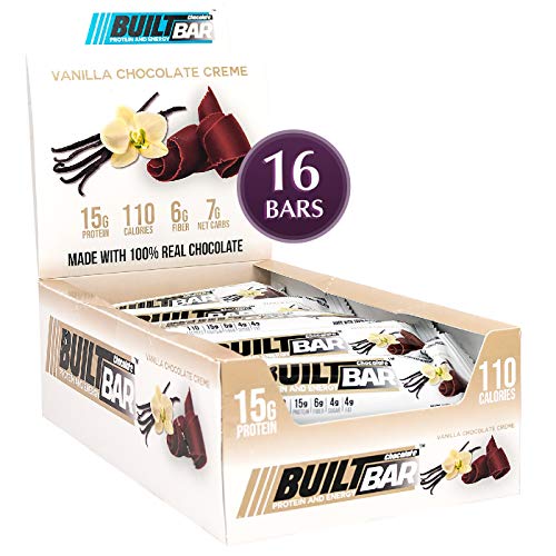 Built Bar - Vanilla Chocolate Crème Protein Bar - High Protein - Low Calorie - Low Fat - High Fiber - Energy Snack Bar - 16/Box
