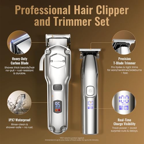 Jack&Rose Clippers and Trimmers Set, Cordless Hair Clippers, Beard trimmer for Men Hair Cutting Kit, Rechargeable Electric Hair Clippers, IPX7 Waterproof Hair Trimmer with Travel Bag