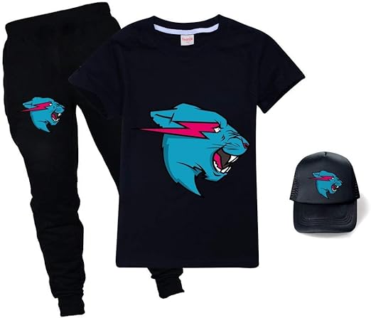 Mr-Beast Unisex Kids Cotton T-Shirt Set 3 Piece Short Sleeve T-Shirt + Trousers + Sun Hat Cat 