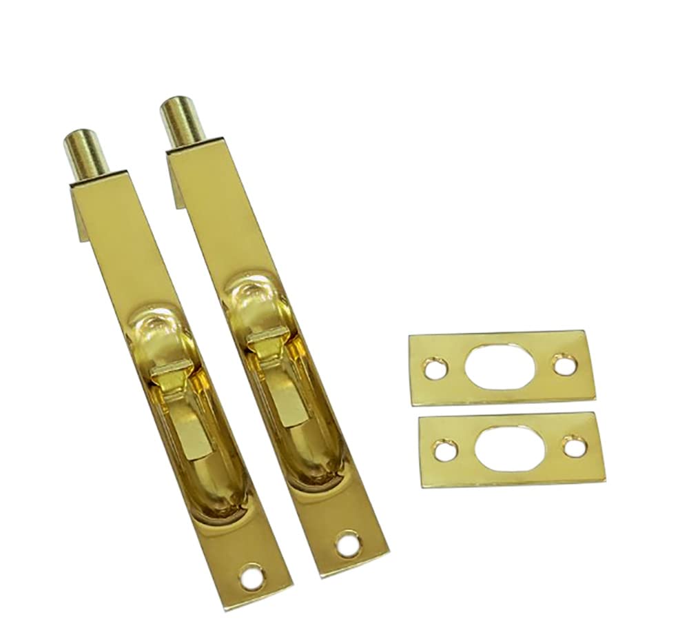 QCAA Solid Brass Flush Bolt, Square Shape, 6", Polished Brass, 2 Pack, Made in Taiwan