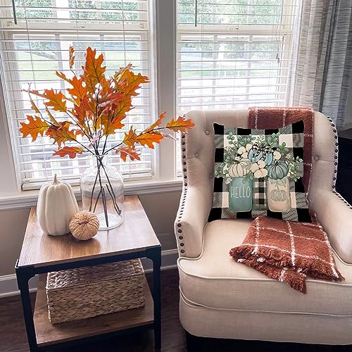 CROWNED BEAUTY Fall Outdoor Decorative Throw Pillow Covers 18 x 18 Inch Set of 4, Plaid Pumpkin Mason Jars Farmhouse Pillowcases for Decoration (Blue) CP056-18