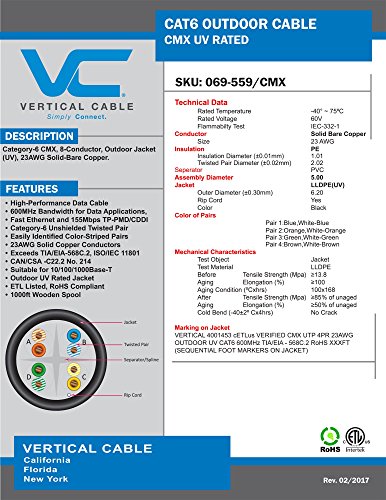 Vertical Cable Cat6, UTP, UV Jacket, Outdoor, CMX, 1000ft, Black, Bulk Ethernet Cable