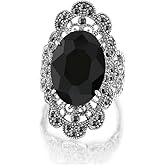 Mytys Retro Vintage Cocktail Statement Ring Black Marcasite & Crystal Rings for Women Antique Silver Big Black Onyx Stone Ring Style 1