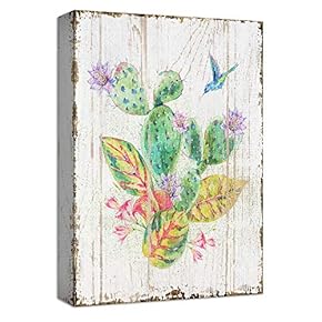 Canvas Wall Art Green Cactus Beautiful Bird Purple Red Flowers Painting Artwork for Home Prints Framed - 12x18 inches