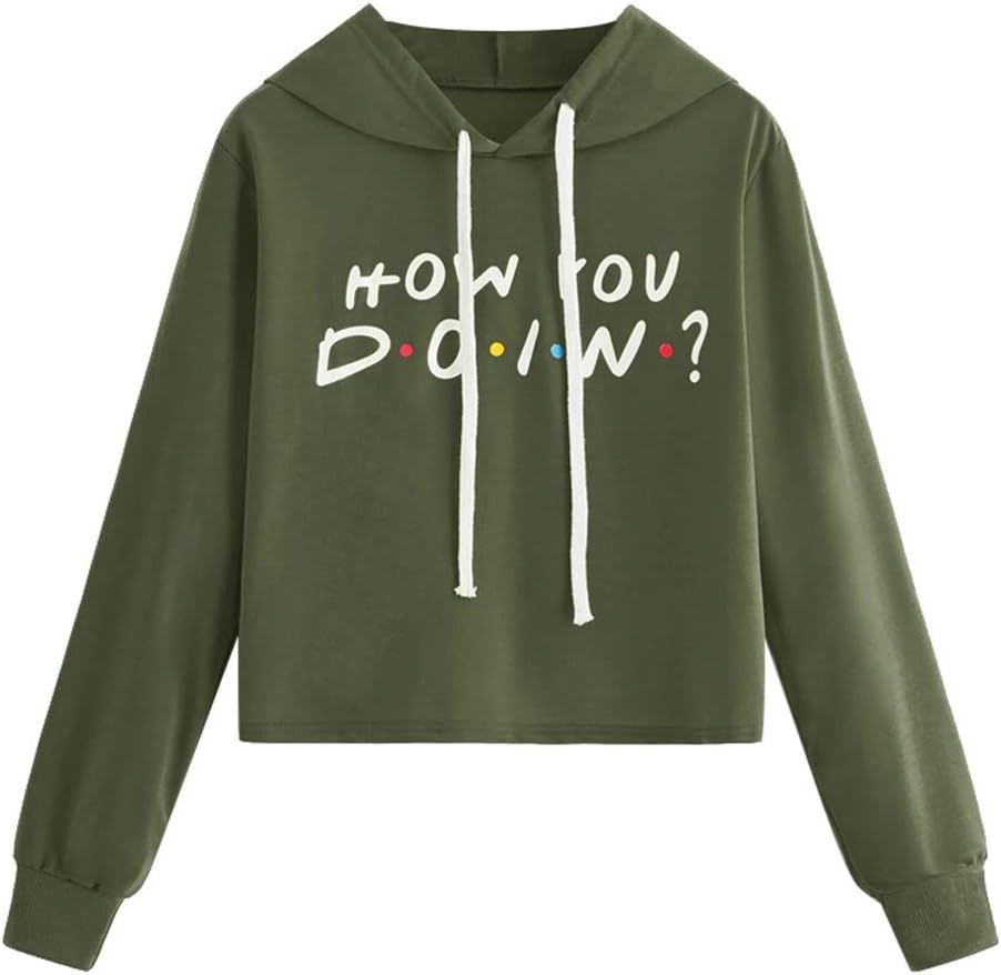 How You Doin | KUDICO Womens Casual Letter Printed Hoodie Cropped Sweatshirt Long Sleeve Tops Pullover Jumper