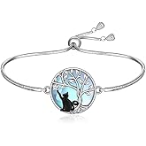 Fenthring Black Cat Bracelet Tree of Life Moonstone Filigree Cat Bracelets for Women Sterling Silver Halloween Cats Lover Gifts