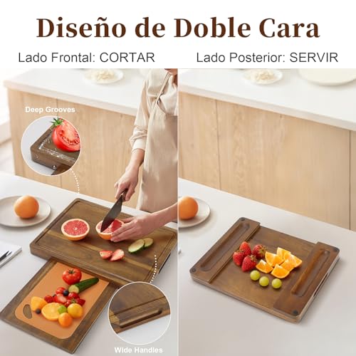 Muja Juego de 3 Tablas para Picar, Juego de Tablas para Picar Cocina con Soporte, con 4 Piezas Alfombrillas para Cortar de Plástico Flexible Perfectas Como Herramientas (43 * 33Madera)