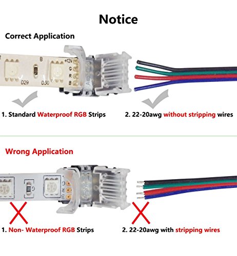 Alightings LED Strip Connector for 4Pin 5050 RGB Waterproof LED Strip Lights- Strip to Wire Quick Connection, 20 - 18 AWG Wire No Stripping (Pack of 50) - Thumbnail 2