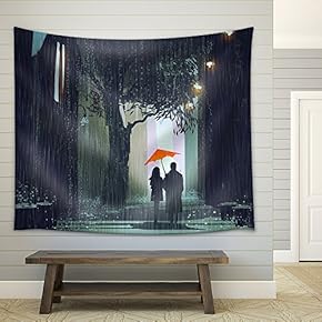 Illustration - Couple with Red Umbrella Walking in Raining Street at Night,Illustration Painting - Fabric Wall Tapestry Home Decor - 51x60 inches