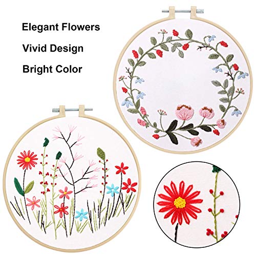 2 Pack Embroidery Kit with Pattern, Full Range of Stamped Embroidery Beginner Kit Including Patterned Embroidery Cloth Hoop Colored Threads and Needles Hand Sewing Craft - Thumbnail 2