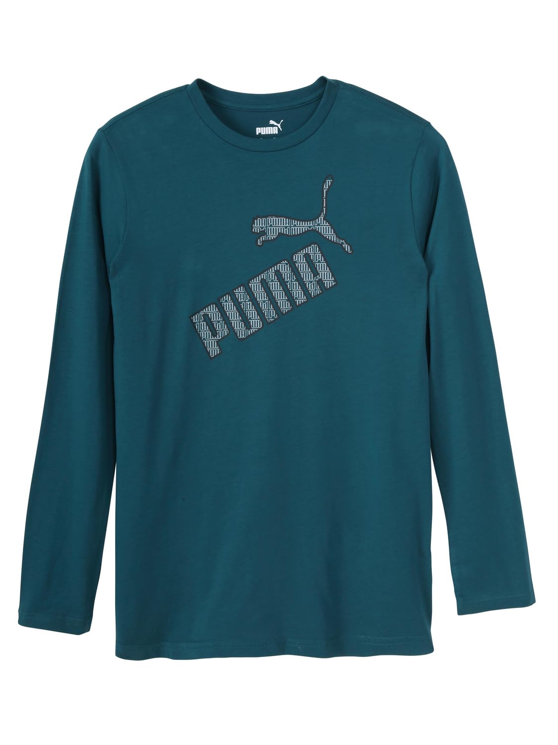 Puma Boys’ Long Sleeve Graphic Tee, Logo Designs, Crewneck, Cold Green