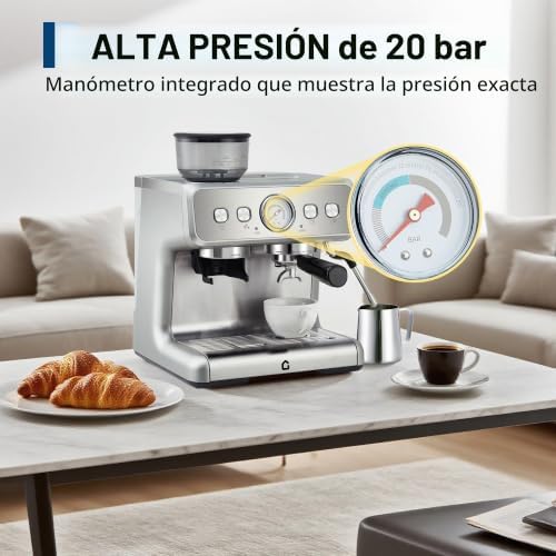 Cafeteira Profissional de Espresso com Porta-filtro e Moinho de Café Integrado - Pressão de 15 Bar - Espumante de Leite e Mostrador Visível - Tanque de 2,8 L - Ideal para Cappuccino, Latte