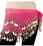 AIRLUT Hot pink Chiffon Dangling Gold Coins Hip Scarf for Belly Dancing