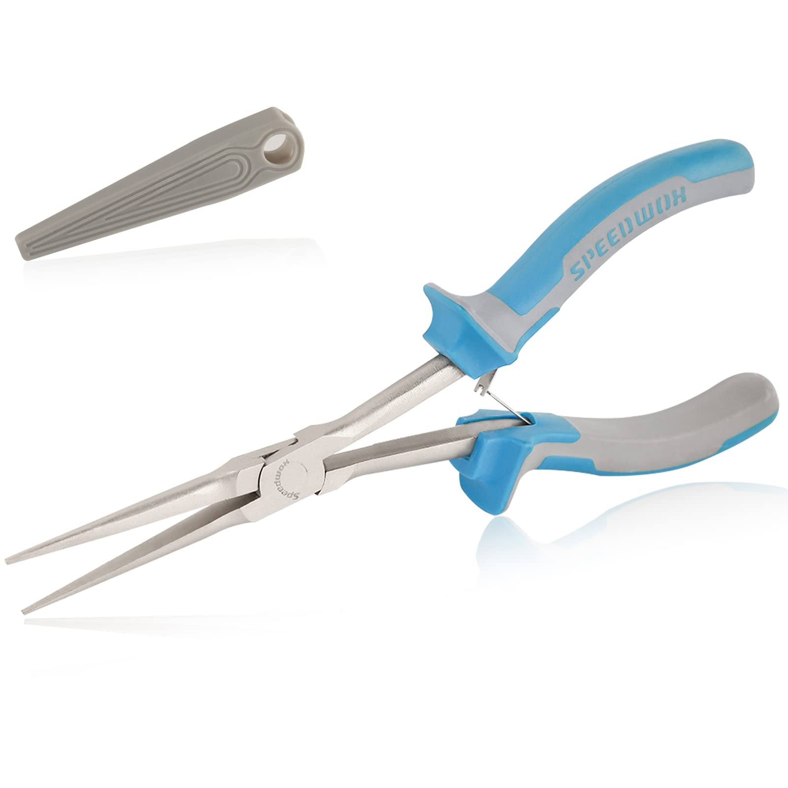 SPEEDWOX Long Reach Needle Nose Pliers with Smooth Jaw Tweezer Nose Pliers, Extra Long, Protective Cover for Hard to Reach Narrow Spaces - Blue/White