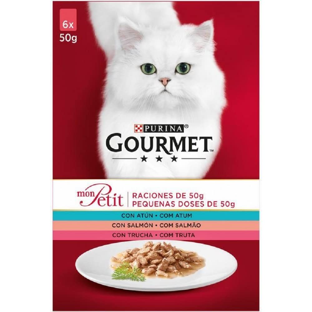 Purina Tidy Cats Gourmet Mon Petit Finos Cortes en Salsa, Wet Cat Food with Tuna, Salmon and Trout, 6 x 50 g sachets