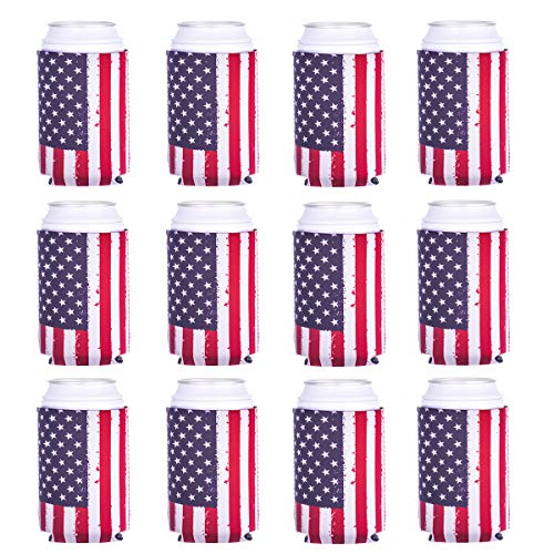 Can Koozie 12pcs USA Flag Can Cooler Sleeve Bulk Neoprene Koozies for Can and Bottle 120z - Thumbnail 3