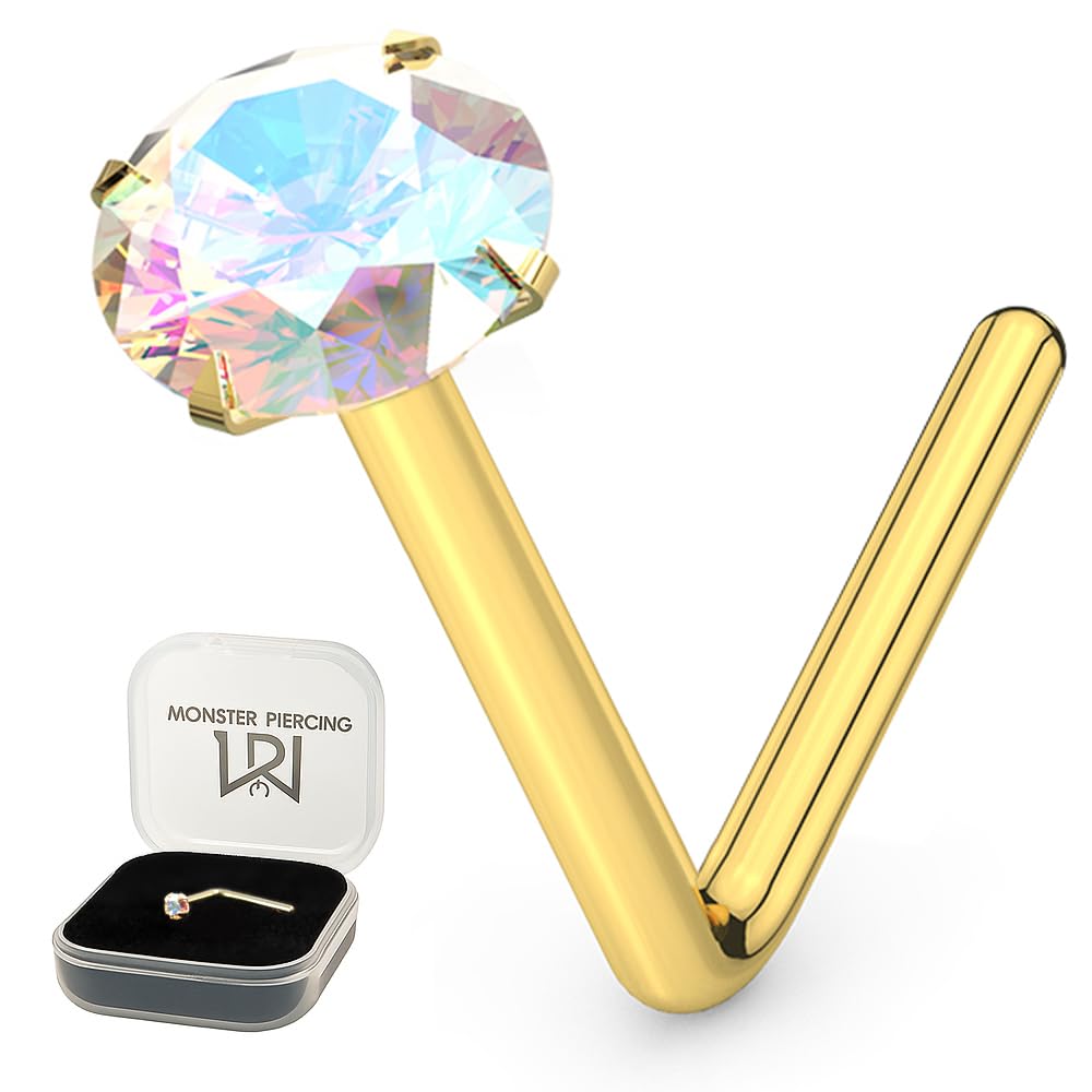 AZARIO LONDON 9K Yellow Gold Nose Stud Claw Set 1.5MM Rainbow Round Crystal Stone 22 Gauge L Bend Nose Stud Piercing