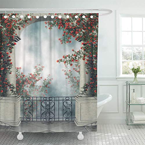 Emvency Shower Curtain Castle Fantasy Arch with Balcony and Colorful Rose Vines 3D Gothic Shower Curtains Sets with Hooks 72 x 78 Inches Waterproof Polyester Fabric