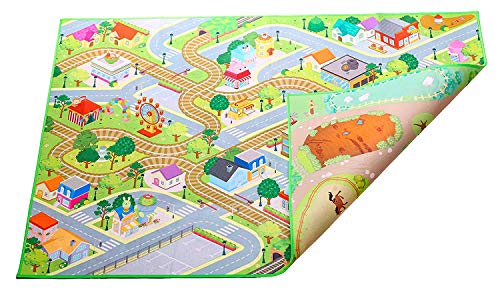 Kids Double Sided Felt Play Mat Bundle - 2 in 1 City & Farm, Indoor/Outdoor, Machine Washable 59" L x 39" W with Wooden School and firestation Accessories