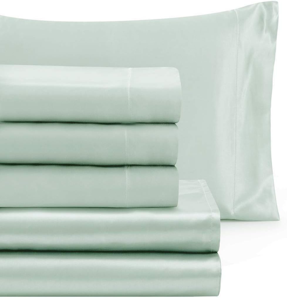 Homiest 6-Pieces Satin Sheets King Size Luxury Silky Satin Bedding Set with Deep Pocket 1 Fitted Sheet + 1 Flat Sheet + 4 Pillowcases, Mint Green: Home & Kitchen