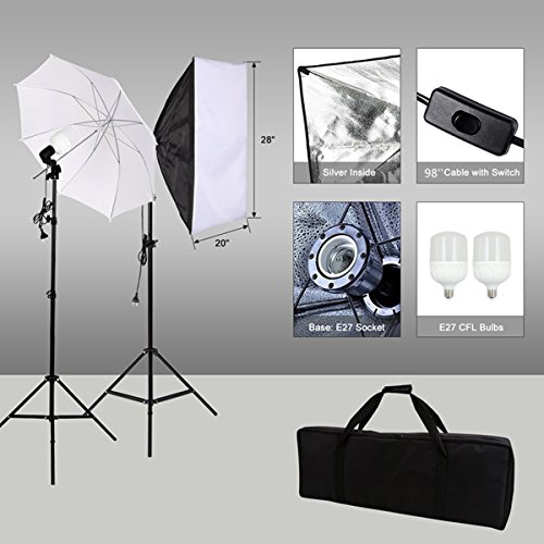Belle Max Photography Lighting Kit (2 Softbox & 2 Umbrellas) with 4 pcs 28W LED Bulbs, Photo Studio with Adjustable Background Support System with 4 Backdrop(Black/2xWhite/Green), Reflector and bag. - Thumbnail 2