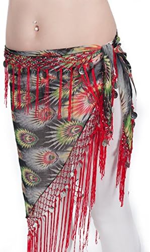 Mojeska Peacock Hip Scarf &amp; Shawl Wrap Silver Coin Red Fringe