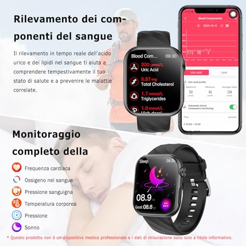 2026 Smartwatch Uomo Donna ECG/Pressione Sanguigna/Cardiofrequenzimetro/Sonno/Acido Urico/Temperatura Corporea/BMI/HRV/Emozioni/Fatica, 1,97" AMOLED Salute Orologio Fitness con Chiamate/Pulsante SOS