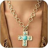 DZSYJKTM Large Chunky Gold Cross Turquoise Pendant Thick Paperclip Chain Choker Necklaces for Women, Vintage Silver Black OT Buckle Necklace Party Jewelry Gift