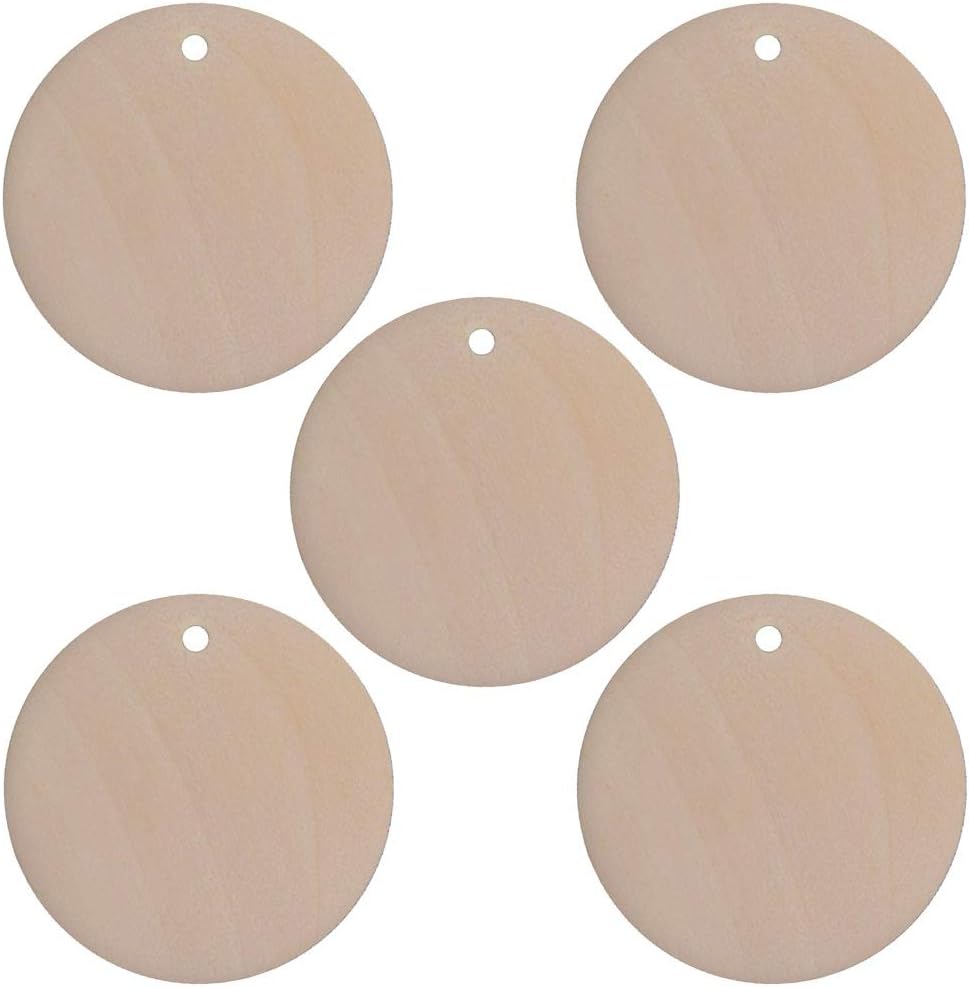 Kansoo 50PCS 1.2Inch Diameter Natural Wooden Circle Cutouts Unfinished Round Wood with Holes