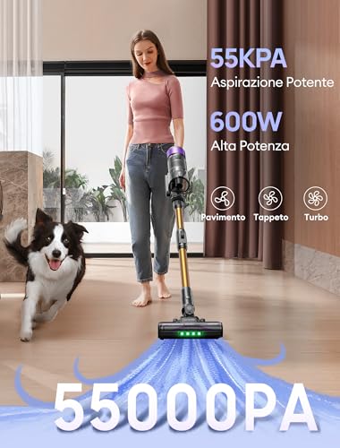 U20 Aspirapolvere Senza Fili, 55KPA Autoportante Scopa Elettrica Senza Fili, Spazzola Aggiornata Anti-Grovigli, Aspirapolvere Potente da 60 Minuti,Potente per Pavimenti/Tappeti/Pelo di Animali