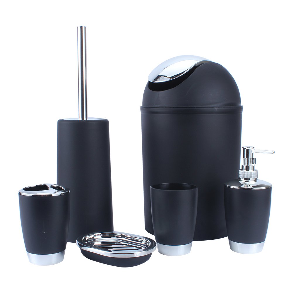 Black Chrome Bathroom Accessory Set, 6 Pieces, Modern Style, with Soap Dispenser, Toothbrush Cup, Holder, Soap Dish, Toilet Brush Holder, Rubbish Bin