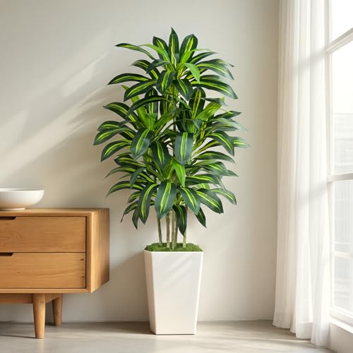 Keeplush Dracaena Artificial Plant 150 cm with White Planter, Artificial Palm Tree Large Like Real with 105 Leaves, Artificial Tree for Indoor Decoration, Living Room, Bedroom, Office, Garden, Home Decor