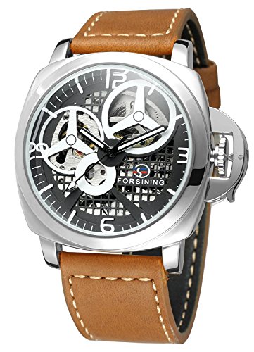 New Brand Mall Mens Black dail and Brown Leather Band Casual Automatic Mechanical Wrist Watch