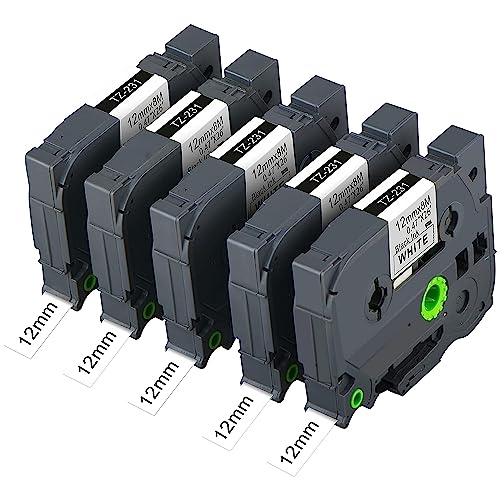 Photo 1 of AYMSous Compatible Label Tape (12mm, 1/2 Inch) Replacement for Brother P-Touch Laminated Tape TZe-231 TZe231 TZ-231 for P-Touch PT H110 D210 D400 D600(5 Pack, Black on White)