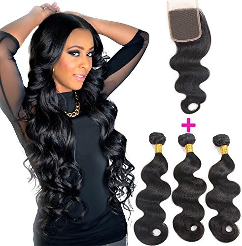 Body Wave Brazilian Human Hair Extention with 4x4 Free Part Lace Closure Brazilian Virgin Hair Weave Natural Color 3 Bundles human hair with Lace Closure 100g/bundle (10'' 12'' 14'' with 10'')